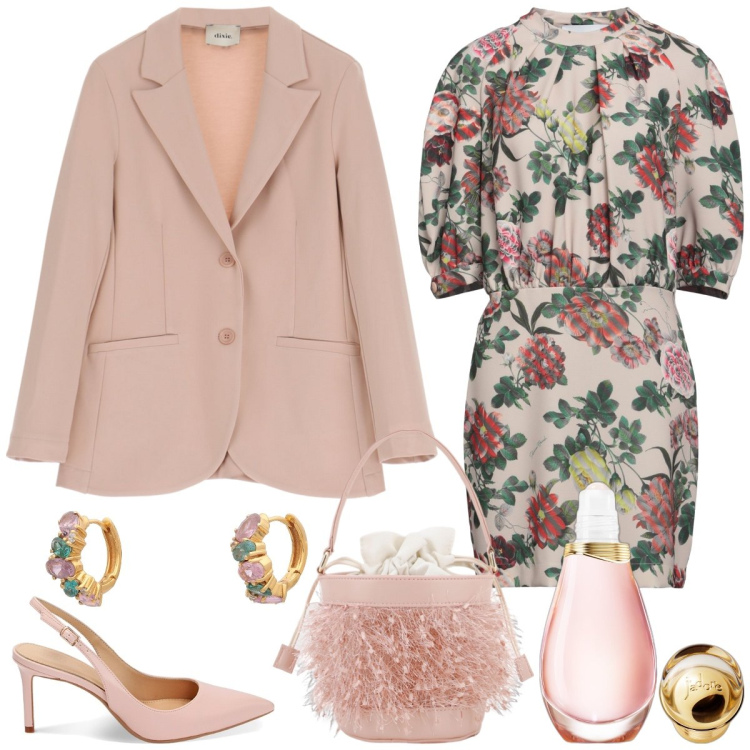 Outfit donna - Total look #1827029. Stile Romantica per Tutti i giorni. Abbinamento con vestiti corti, orecchini, profumi, décolleté, blazer, borse a secchiello.
