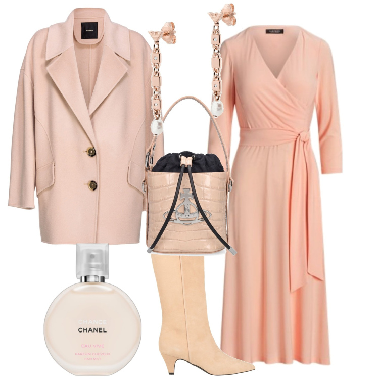 Outfit donna - Femminilità evento o cerimonia. Stile Bon Ton per Cerimonia. Abbinamento con orecchini, stivali, profumi, cappotti, vestiti, borse a secchiello.