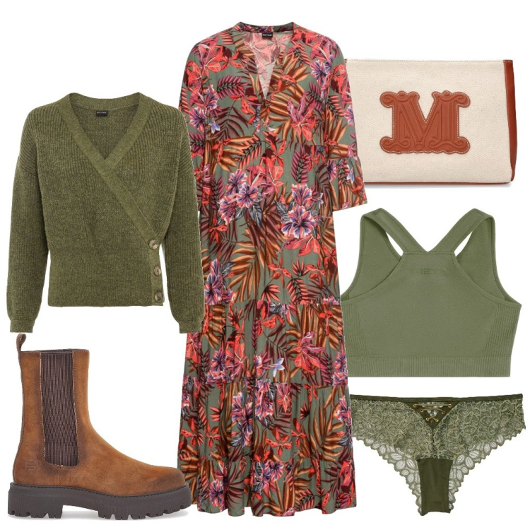 Outfit donna - Maria: dillo con un fiore. Stile Boho per Tutti i giorni. Abbinamento con vestiti lunghi, maglieria, culotte, reggiseni, pochette, stivaletti chelsea.