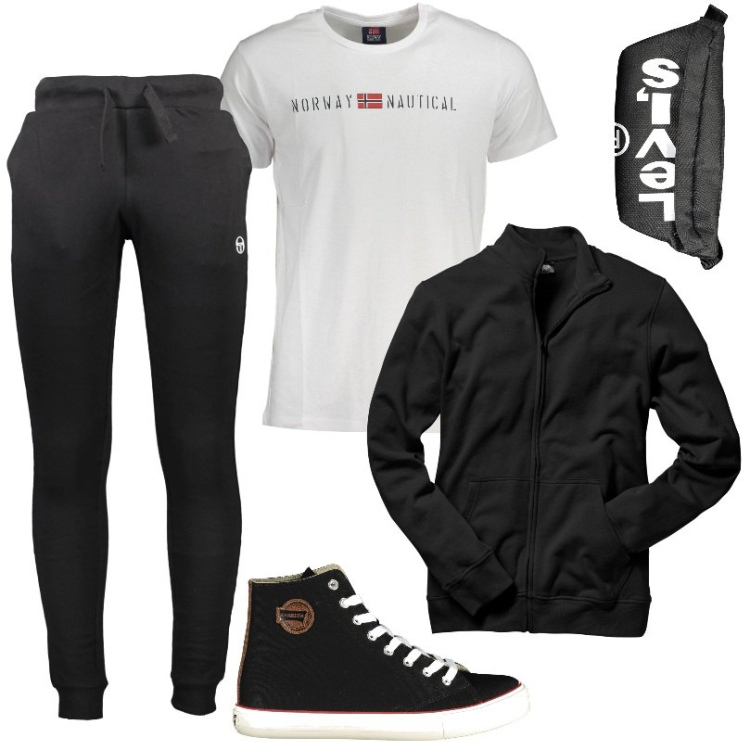 Outfit uomo - le sneakers scontate. Stile Casual per Tutti i giorni. Abbinamento con felpe, t-shirt, pantaloni, scarpe sportive, borse sportive.