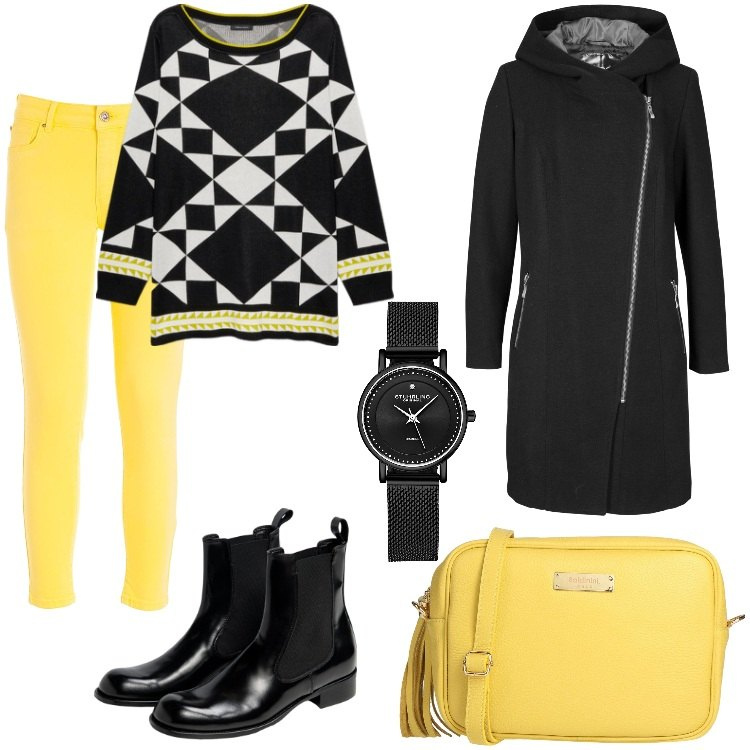 Outfit donna - in giallo e nero. Stile Casual per Tutti i giorni. Abbinamento con blazer, borse a tracolla, orologi, jeans, maglieria, stivaletti chelsea.