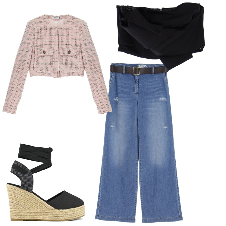Outfit donna - Spring start!. Stile Glamour per Tutti i giorni. Abbinamento con top, jeans dritti, blazer, espadrillas.