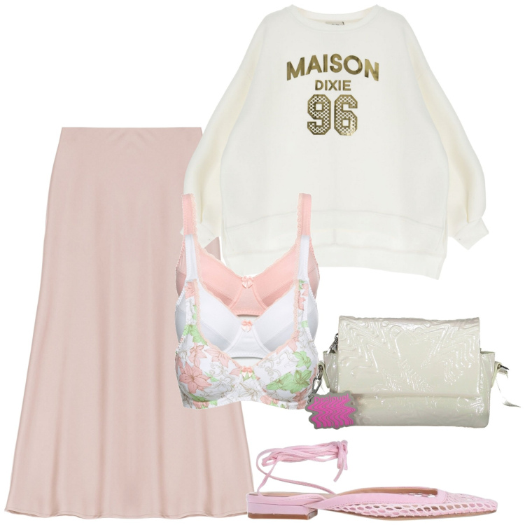 Outfit donna - Felpa e longuette. Stile Casual chic per Tutti i giorni. Abbinamento con reggiseni, ballerine, gonne longuette, felpe, borse a tracolla.