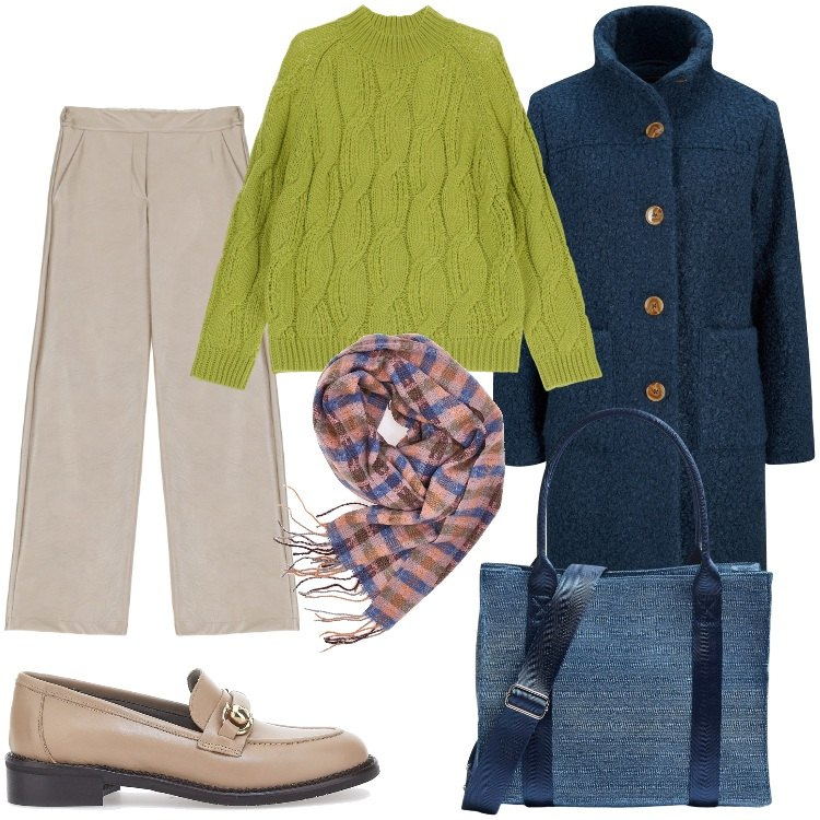 Outfit donna - insieme armonico. Stile Casual per Tutti i giorni. Abbinamento con cappotti, shopping bag, maglieria, pantaloni a palazzo, mocassini, sciarpe.