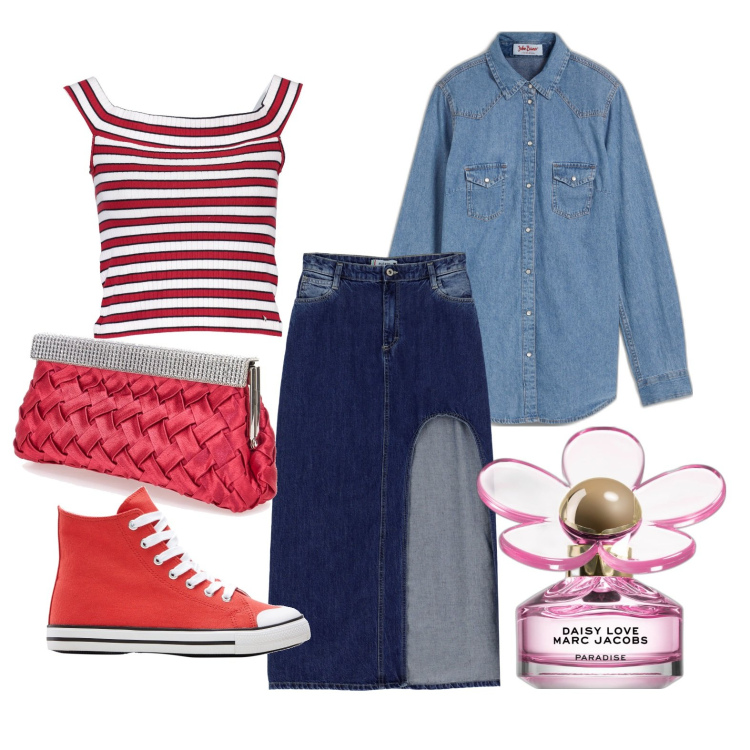 Outfit donna - Ghost outfitter - marzo. Stile Casual per Tutti i giorni. Abbinamento con camicie, sneakers alte, profumi, gonne lunghe, canottiere, pochette.