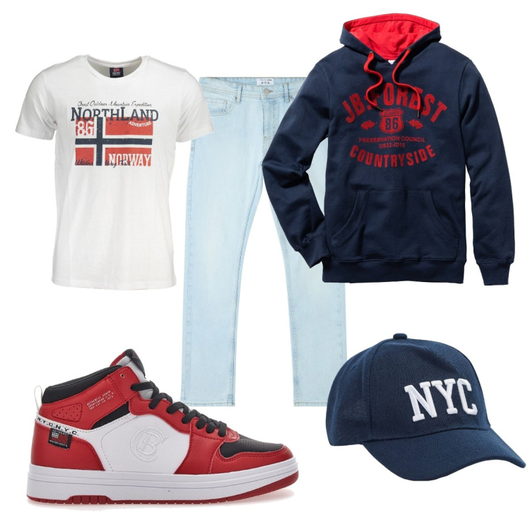 Outfit uomo - Anticipo di primavera. Stile Casual per Tutti i giorni. Abbinamento con felpe con cappuccio, jeans dritti, cappelli, sneakers, t-shirt.