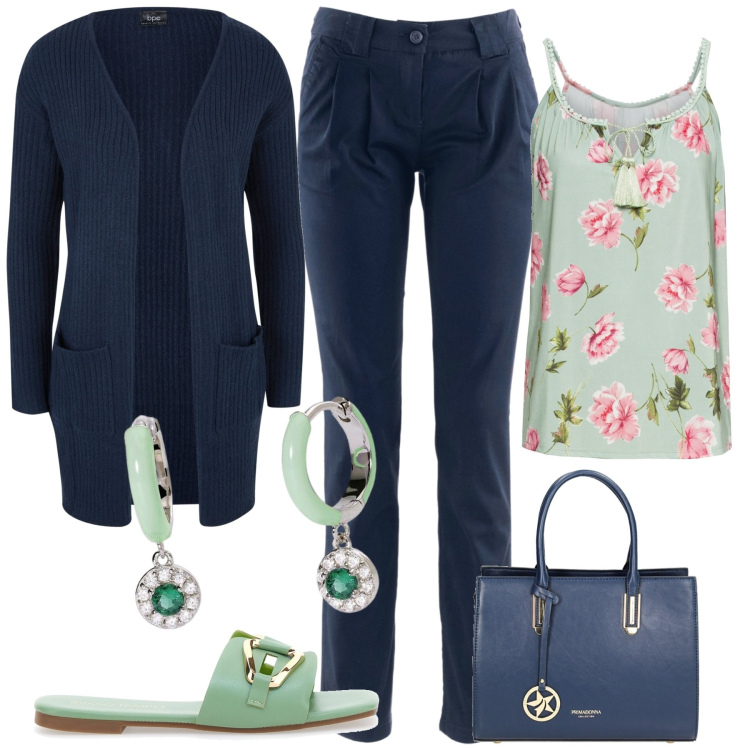 Outfit donna - Ispirazione pastello. Stile Bon Ton per Tutti i giorni. Abbinamento con cardigans, pantaloni chino, top, orecchini, borse a mano, ciabatte.