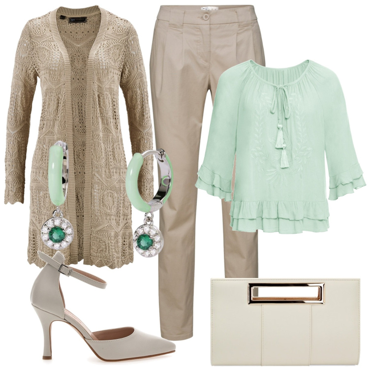 Outfit donna - Marzo in Mo Mint. Stile Chic per Cerimonia. Abbinamento con cardigans, pantaloni chino, tuniche, orecchini, pochette, décolleté.