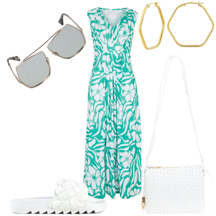 Outfit donna - In spiaggia con stile. Stile Casual chic per Tutti i giorni. Abbinamento con orecchini, vestiti lunghi, borse a tracolla, ciabatte, occhiali da sole.