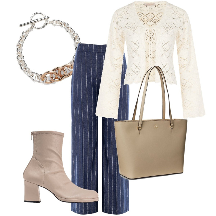 Outfit donna - Il cardigan traforato. Stile Casual chic per Ufficio. Abbinamento con stivaletti, cardigans, pantaloni a palazzo, borse tote, braccialetti.