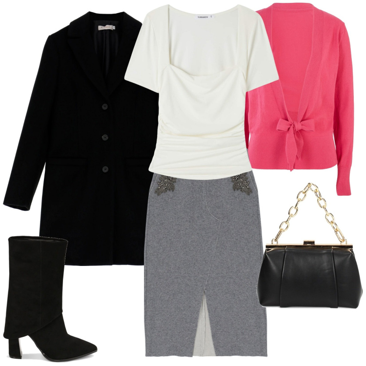 Outfit donna - Total look #1827252. Stile Casual per Ufficio. Abbinamento con cardigans, cappotti, t-shirt, stivaletti, borse a spalla, gonne lunghe.