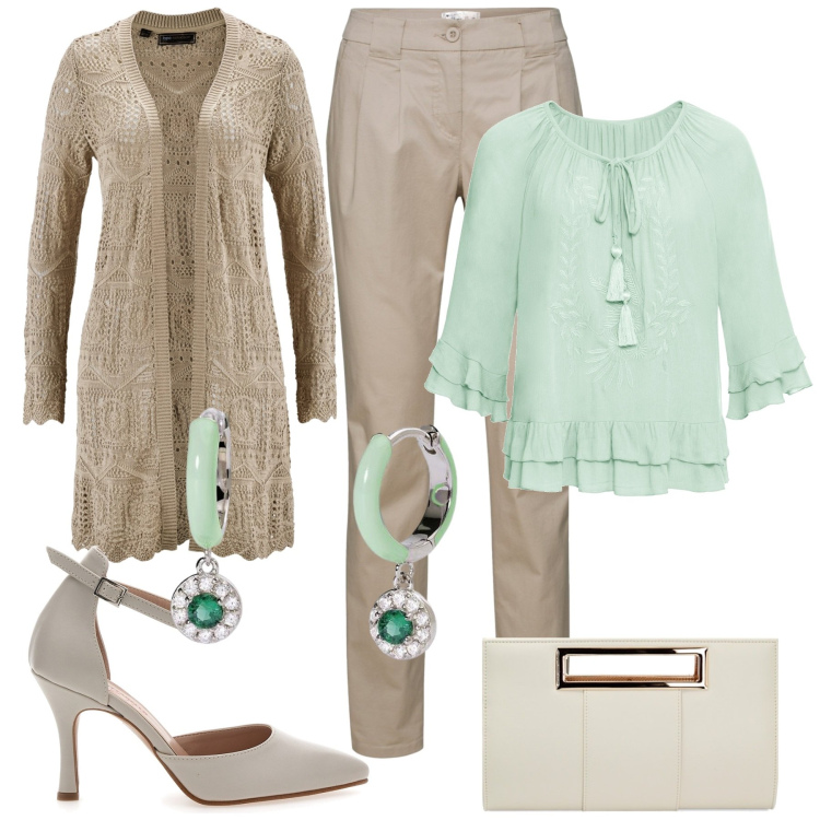 Outfit donna - Marzo in Mo Mint. Stile Chic per Cerimonia. Abbinamento con pantaloni chino, cardigans, tuniche, orecchini, pochette, décolleté.