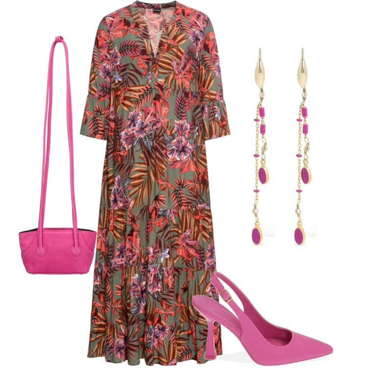 Outfit donna - Come nella giungla. Stile Boho per Serata fuori. Abbinamento con vestiti lunghi, décolleté, orecchini, shopping bag.
