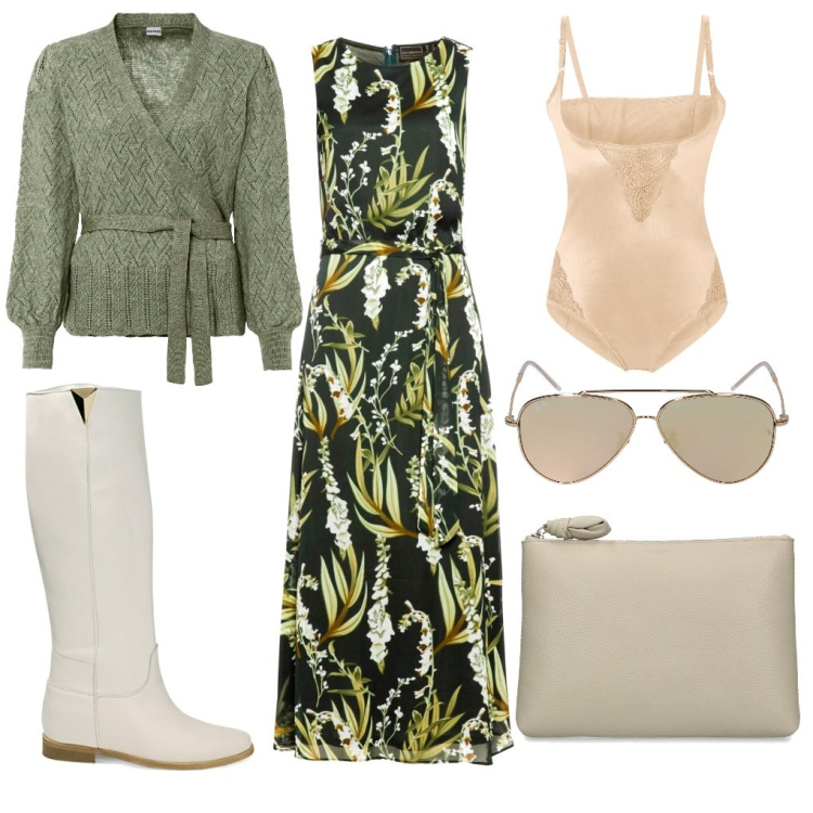 Outfit donna - Miriam: miss ufficio. Stile Boho per Ufficio. Abbinamento con maglieria, body, vestiti lunghi, stivali, occhiali da sole, pochette.