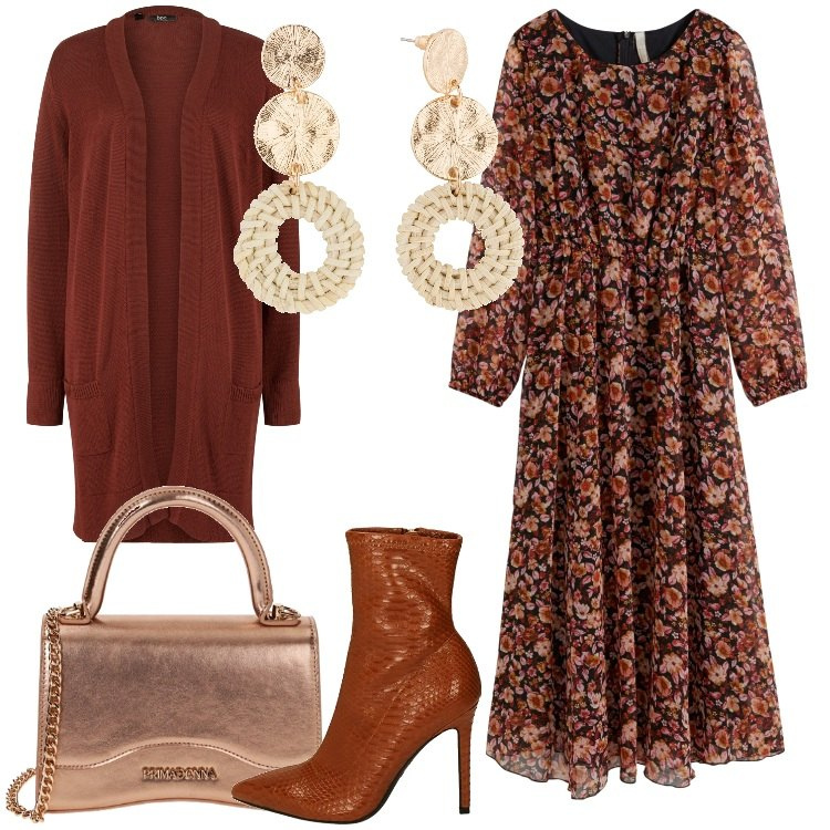 Outfit donna - Un vestito in versione bohémien. Stile Boho per Serata fuori. Abbinamento con cardigans, vestiti, orecchini, stivaletti, borse a mano.