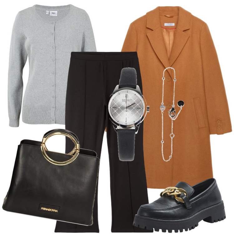 Outfit donna - É or di uscire. Stile Mannish per Ufficio. Abbinamento con cardigans, orologi, pantaloni, mocassini, borse a mano, cappotti.