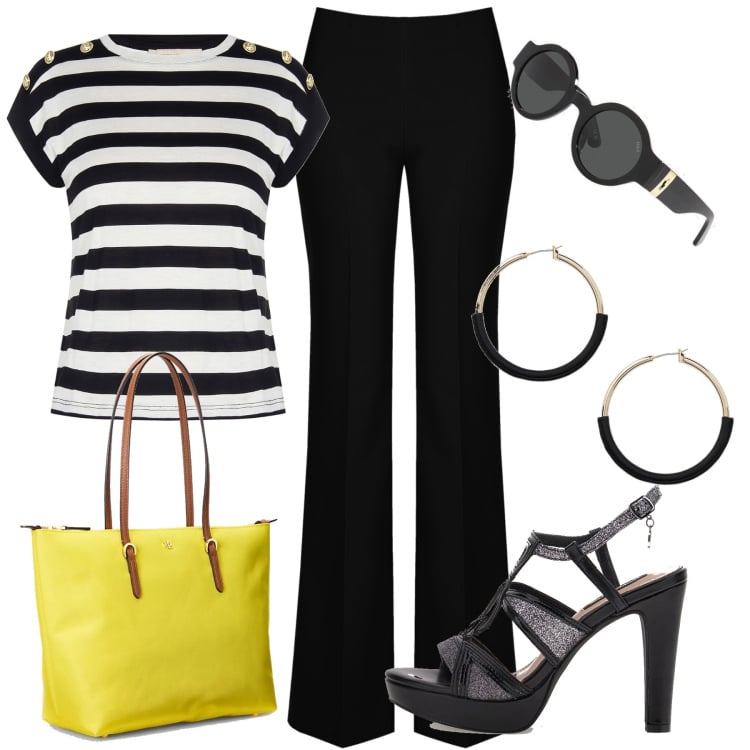 Outfit donna - Rinascimento 24. Stile Casual chic per Tutti i giorni. Abbinamento con pantaloni a palazzo, t-shirt, borse tote, occhiali da sole, orecchini, sandali.