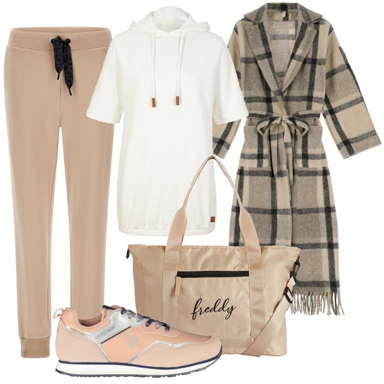 Outfit donna - Per tutti i giorni. Stile Casual per Tutti i giorni. Abbinamento con felpe con cappuccio, trench, borse tote, pantaloni, scarpe sportive.