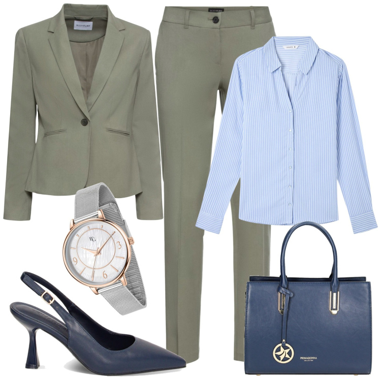 Outfit donna - Al lavoro. Stile Casual chic per Ufficio. Abbinamento con blazer, pantaloni, orologi, camicie, décolleté, borse a mano.