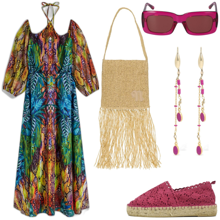 Outfit donna - Pasqua al caldo. Stile Boho per Tutti i giorni. Abbinamento con vestiti lunghi, espadrillas, occhiali da sole, borse a spalla, orecchini.