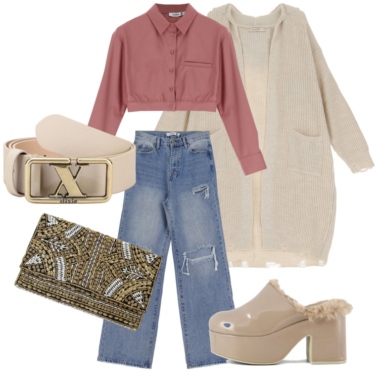 Outfit donna - Please denim. Stile Urban per Tutti i giorni. Abbinamento con cardigans, camicie, jeans dritti, cinture, pochette, sabot.