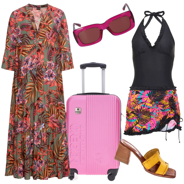 Outfit donna - Viaggio alle Maldive. Stile Boho per Mare. Abbinamento con vestiti lunghi, vestiti da spiaggia, sandali col tacco, occhiali da sole, valigie.