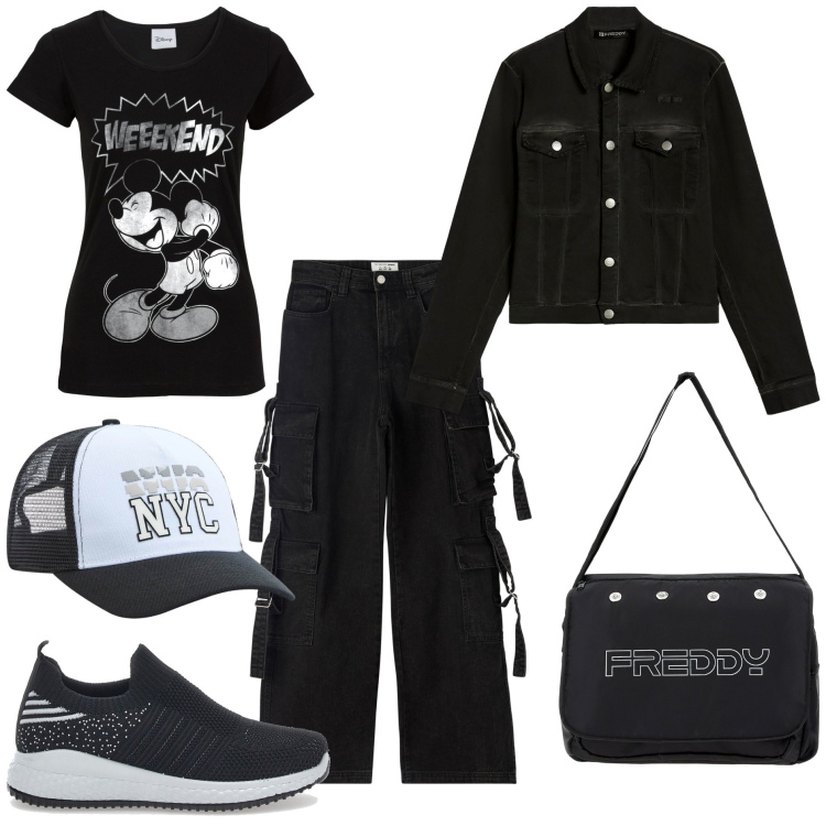 Outfit donna - Street style Black& White. Stile Urban per Tutti i giorni. Abbinamento con t-shirt, cappelli, jeans, borse messenger, blazer, sneakers.