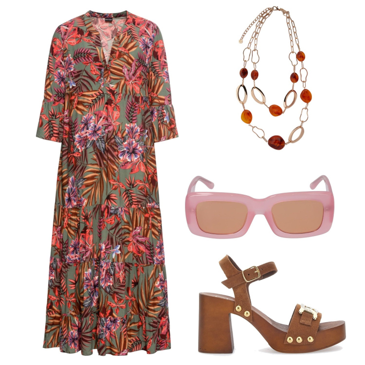 Outfit donna - Total look #1827418. per Tutti i giorni. Abbinamento con vestiti lunghi, occhiali da sole, zoccoli, ciondoli.