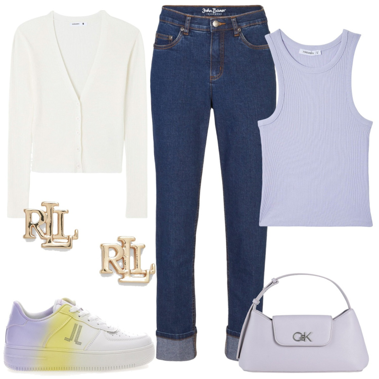 Outfit donna - Semplice, ma chic. Stile Casual chic per Tutti i giorni. Abbinamento con jeans boyfriend, borse a mano, cardigans, canottiere, orecchini, sneakers.