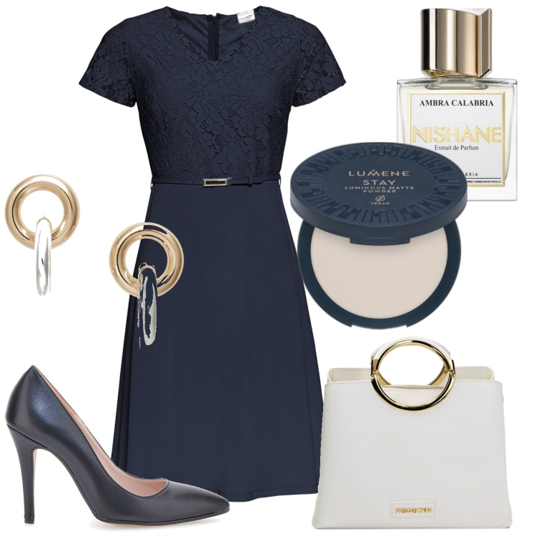 Outfit donna - Eleganza low cost. Stile Bon Ton per Cerimonia. Abbinamento con vestiti, profumi, ciprie, borse a mano, orecchini, décolleté.