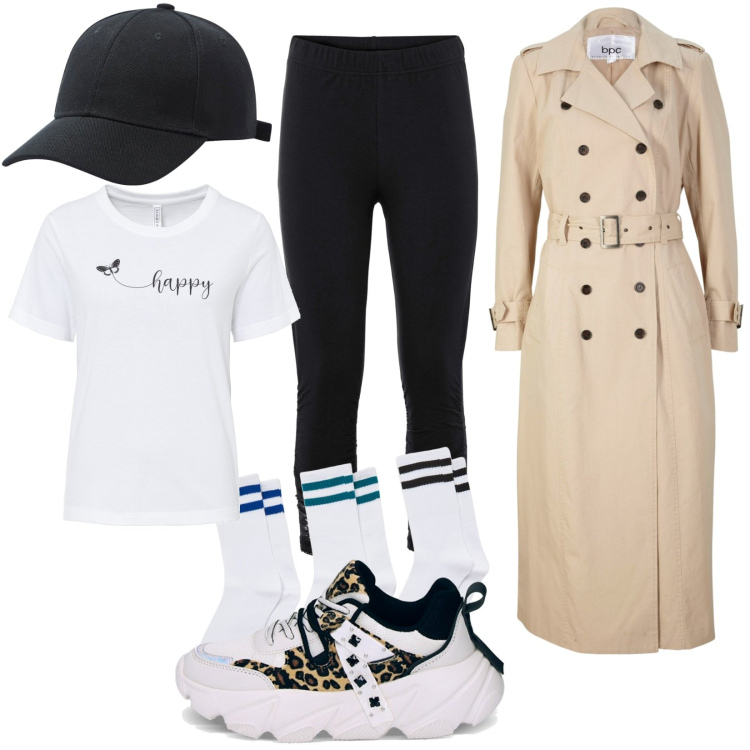 Outfit donna - Le sneakers dal carattere deciso. Stile Trendy per Tutti i giorni. Abbinamento con t-shirt, leggings, trench, cappelli, calzini, sneakers.