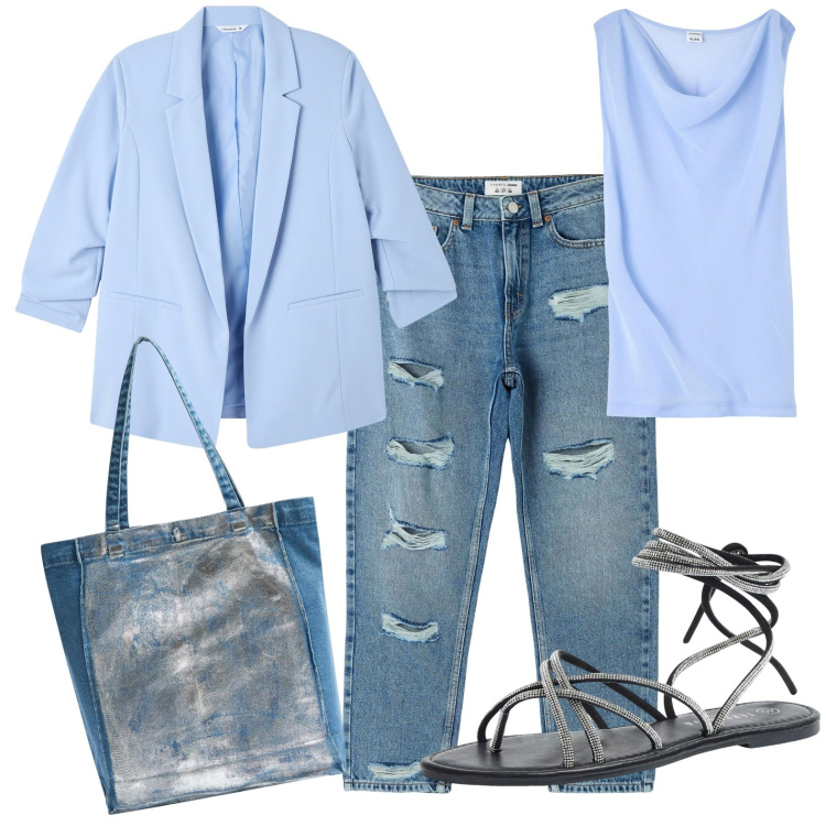 Outfit donna - Total look #1827478. Stile Casual per Tutti i giorni. Abbinamento con jeans mom, sandali alla schiava, top, blazer, shopping bag.