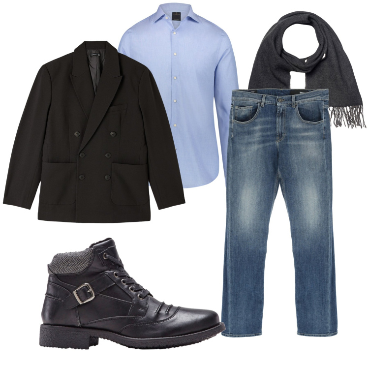 Outfit uomo - Total look #1827488. Stile Casual per Ufficio. Abbinamento con stivali e stivaletti, giacche, jeans dritti, sciarpe, camicie.