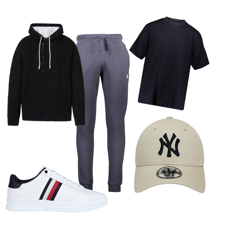Outfit uomo - Total look #1827498. Stile Urban per Tutti i giorni. Abbinamento con maglieria, sneakers, cappelli con visiera, pantaloni, t-shirt.