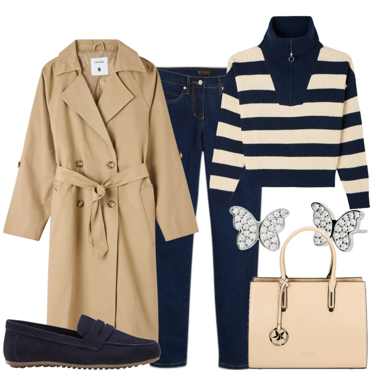 Outfit donna - City. Stile Urban per Tutti i giorni. Abbinamento con mocassini, jeans dritti, maglieria, trench, orecchini, borse a mano.