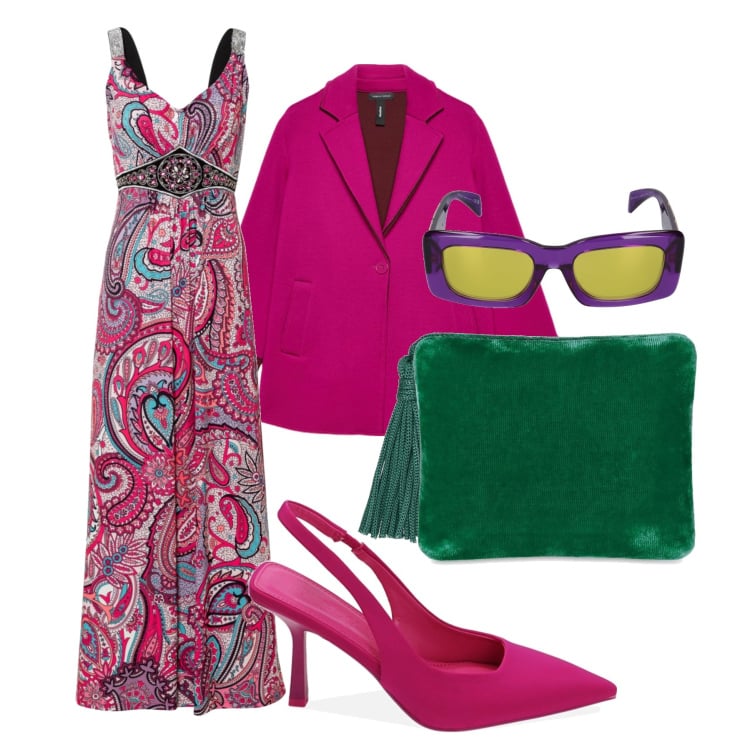 Outfit donna - Total look #1827517. Stile Romantica per Serata fuori. Abbinamento con vestiti lunghi, décolleté, blazer, occhiali da sole, pochette.