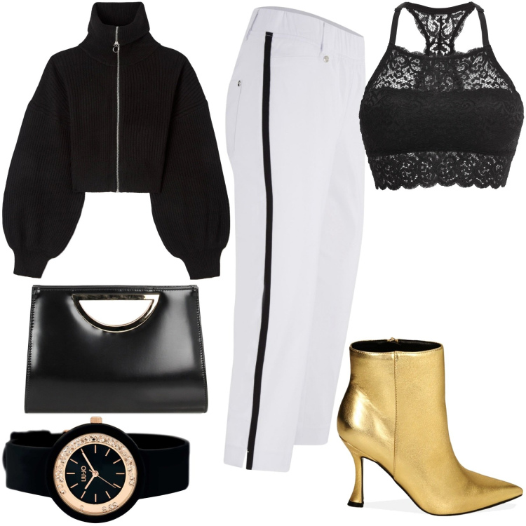 Outfit donna - Total look #1827523. Stile Casual per Serata fuori. Abbinamento con orologi, reggiseni, pantaloni, maglieria, stivaletti, pochette.