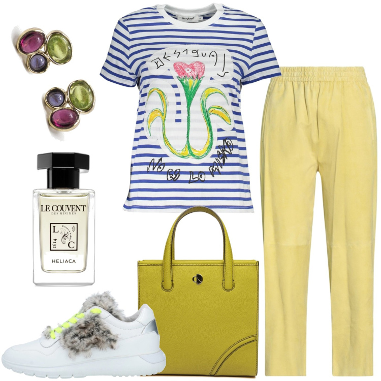 Outfit donna - Multicolore. Stile Urban per Tutti i giorni. Abbinamento con sneakers, orecchini, pantaloni, profumi, t-shirt, shopping bag.