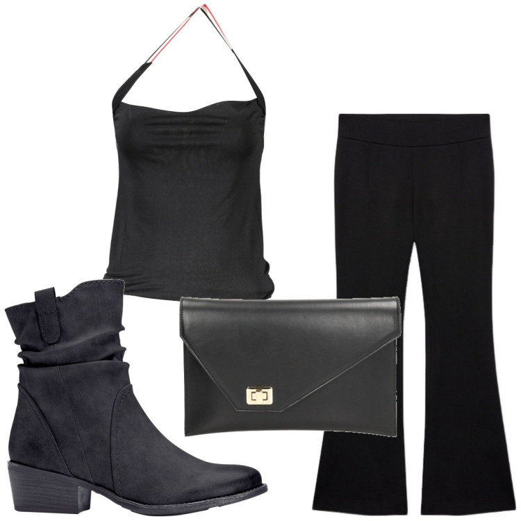Outfit donna - Total look #1827575. Stile Trendy per Serata fuori. Abbinamento con stivaletti texani, pochette, top, pantaloni.