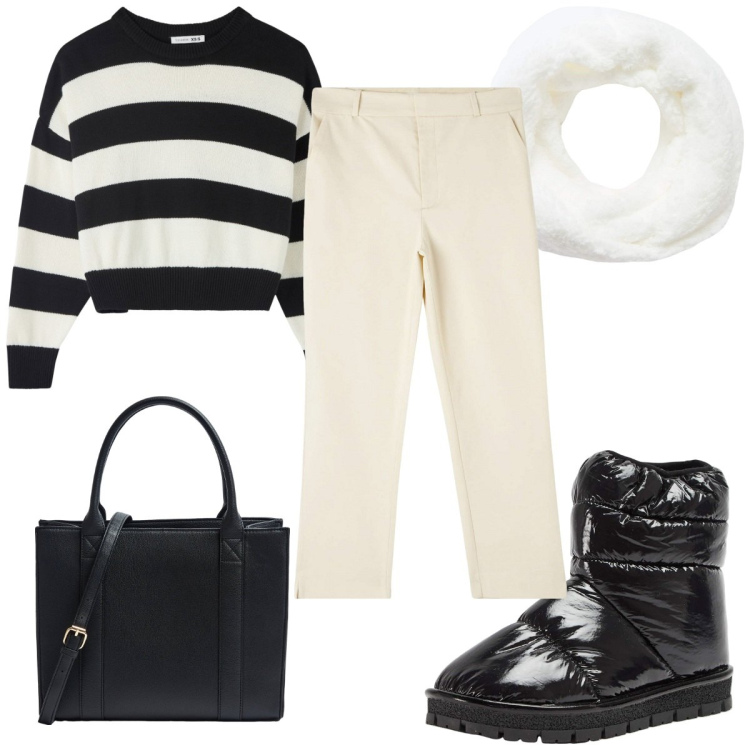 Outfit donna - Terranova black & white. Stile Trendy per Tutti i giorni. Abbinamento con pantaloni chino, stivali da neve, sciarpe, shopping bag, maglieria.