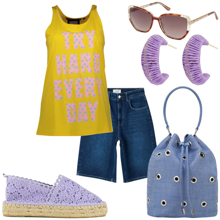 Outfit donna - Arriva l\'estate. Stile Casual per Tutti i giorni. Abbinamento con orecchini, bermuda, borse a secchiello, espadrillas, canottiere, occhiali da sole.