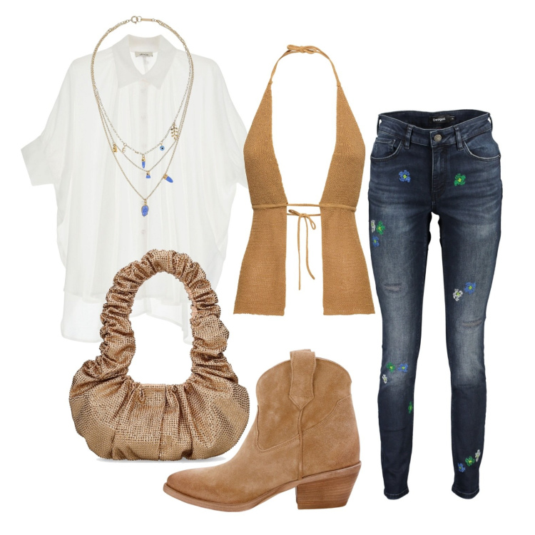 Outfit donna - Ghost outfitter - marzo. Stile Boho per Tutti i giorni. Abbinamento con camicie, stivaletti texani, collane, top, jeans slim fit, borse a spalla.