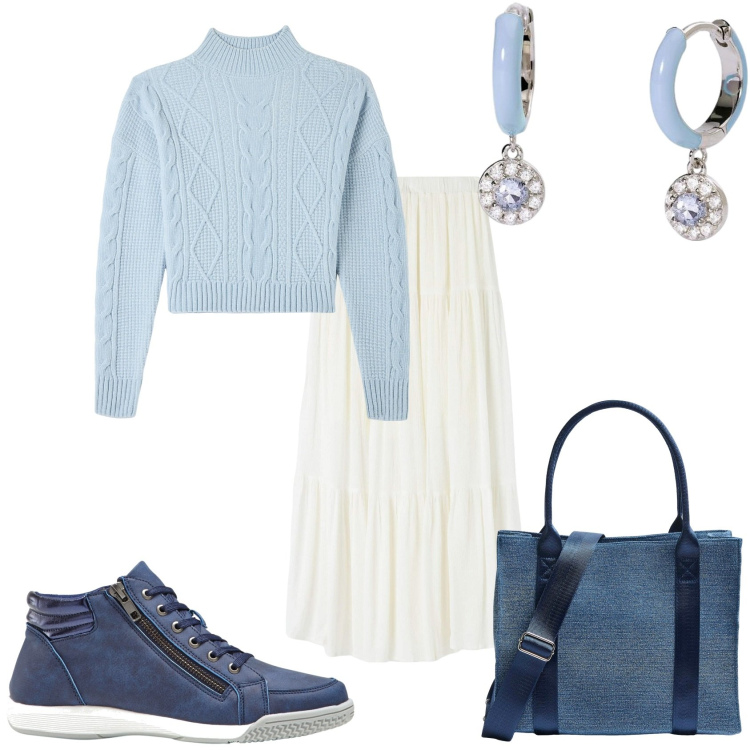 Outfit donna - Gonna lunga e maglione. Stile Trendy per Tutti i giorni. Abbinamento con sneakers alte, gonne lunghe, maglieria, shopping bag, orecchini.