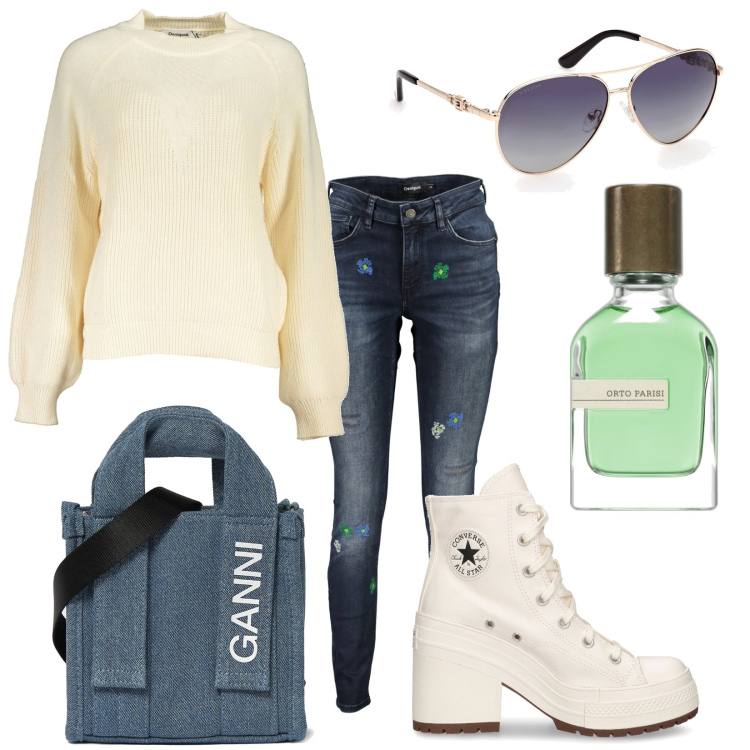 Outfit donna - Total look #1827627. Stile Trendy per Tutti i giorni. Abbinamento con profumi, shopping bag, sneakers, jeans slim fit, occhiali da sole, maglieria.