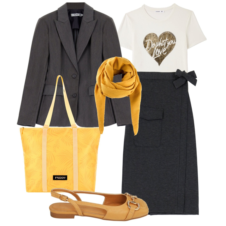 Outfit donna - Relax day. Stile Bon Ton per Tutti i giorni. Abbinamento con foulard, t-shirt, blazer, ballerine, borse tote, gonne longuette.