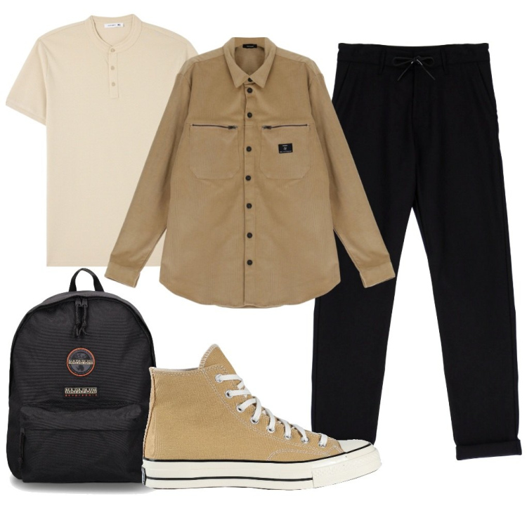 Outfit uomo - Giorgio: il secchione. Stile Urban per Tutti i giorni. Abbinamento con sneakers alte, t-shirt, camicie, pantaloni, borse sportive.
