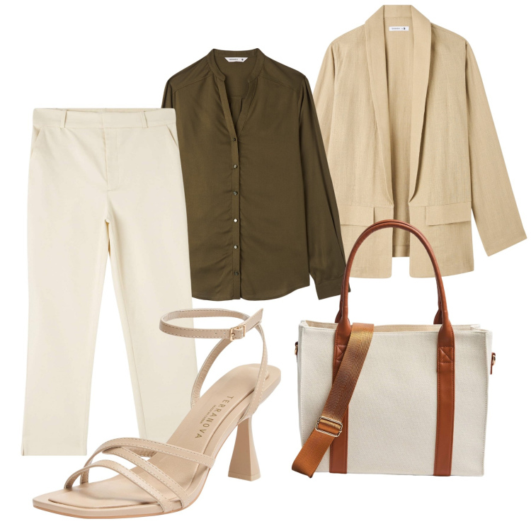 Outfit donna - Total look #1827741. Stile Bon Ton per Ufficio. Abbinamento con pantaloni chino, camicie, blazer, sandali col tacco, shopping bag.