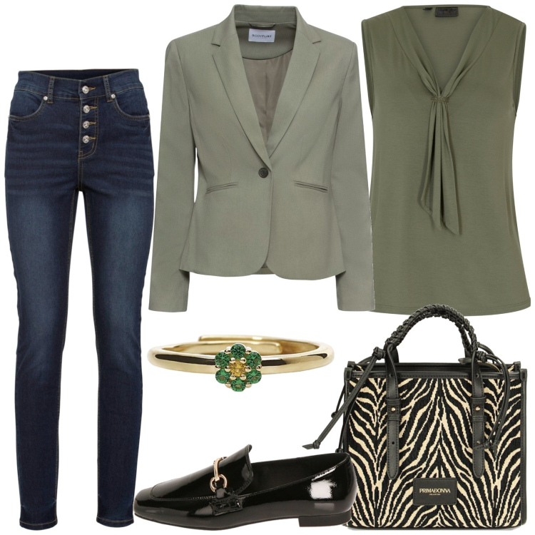Outfit donna - Total look #1827761. Stile Casual per Tutti i giorni. Abbinamento con top, blazer, jeans, anelli, borse a mano, mocassini.