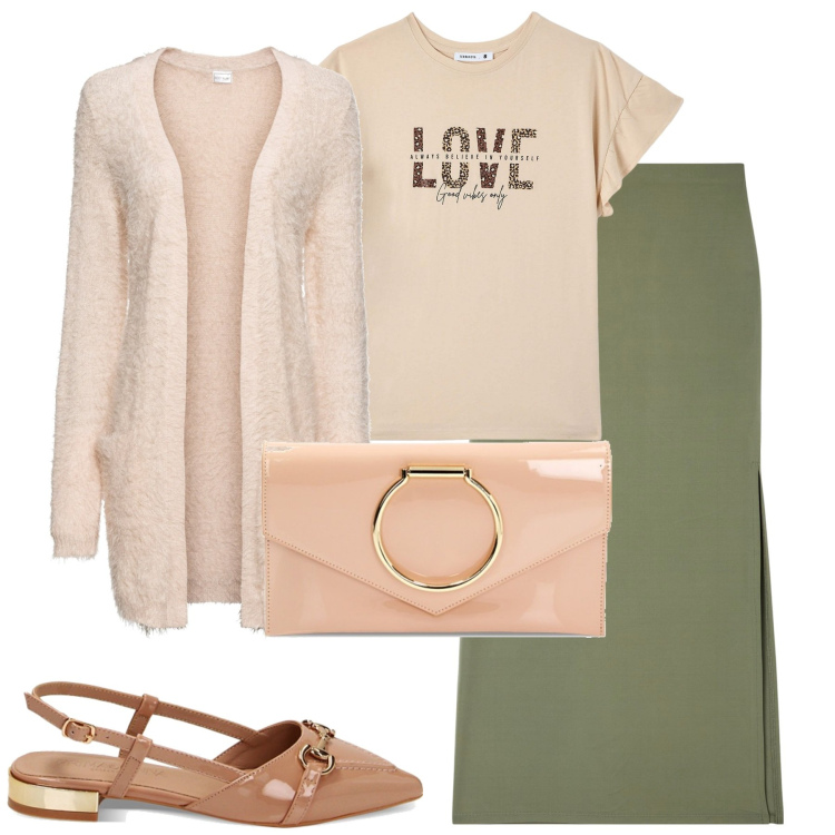 Outfit donna - Total look #1827769. Stile Casual chic per Tutti i giorni. Abbinamento con cardigans, gonne lunghe, t-shirt, ballerine, pochette.