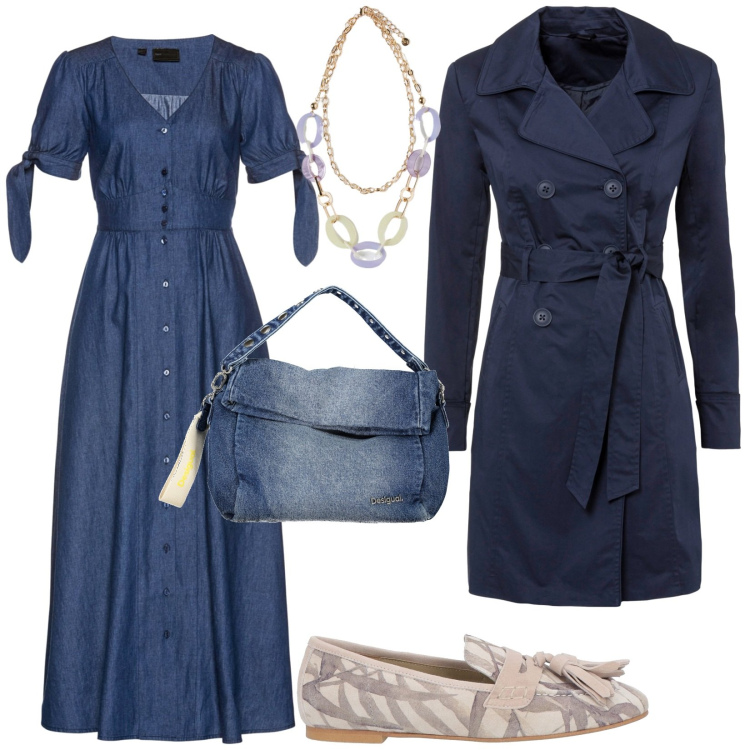 Outfit donna - Total look #1827793. Stile Casual per Tutti i giorni. Abbinamento con trench, vestiti, mocassini, borse a spalla, ciondoli.